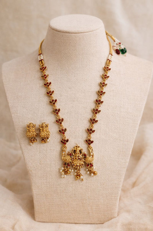 Temple Lakshmi Pendant Necklace Set with Ruby Stones & Jhumka Earrings