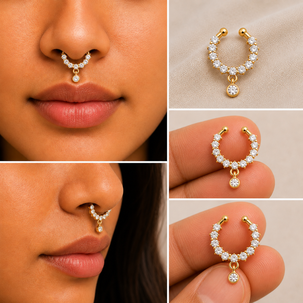 Gold Plated Stone Studded Septum Nose Ring for Women, Multicolor Stone Septum Nose Ring