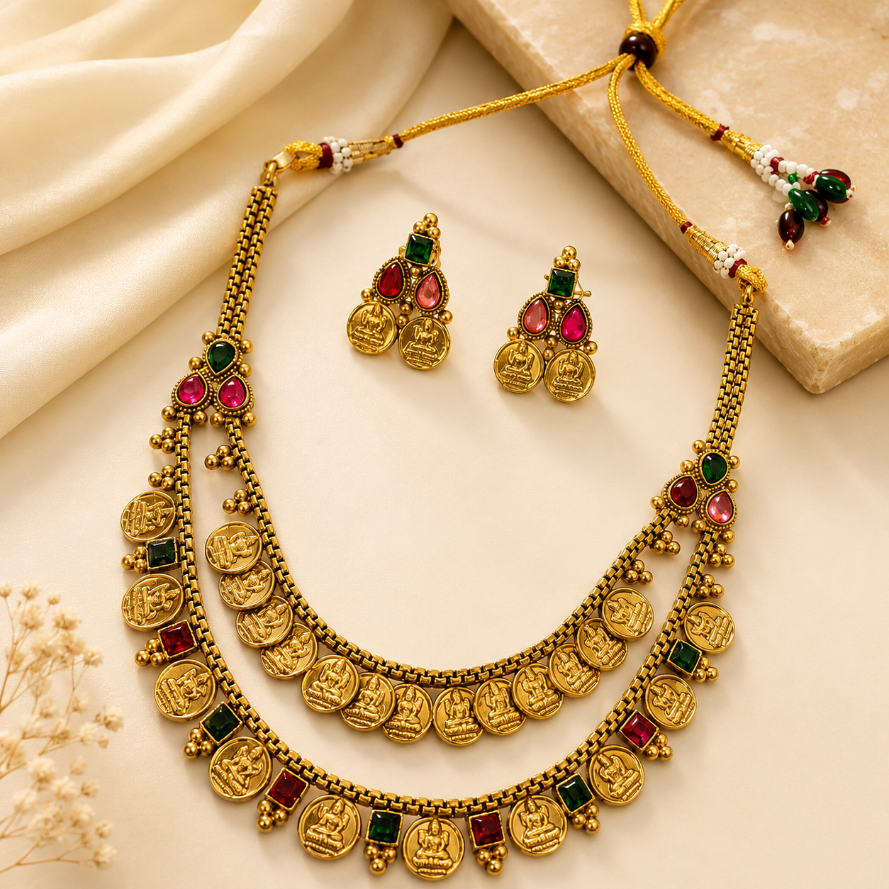IR_01 Traditional 2 layer Kasu Mala hara necklace set inspired by classic temple jewellery design.