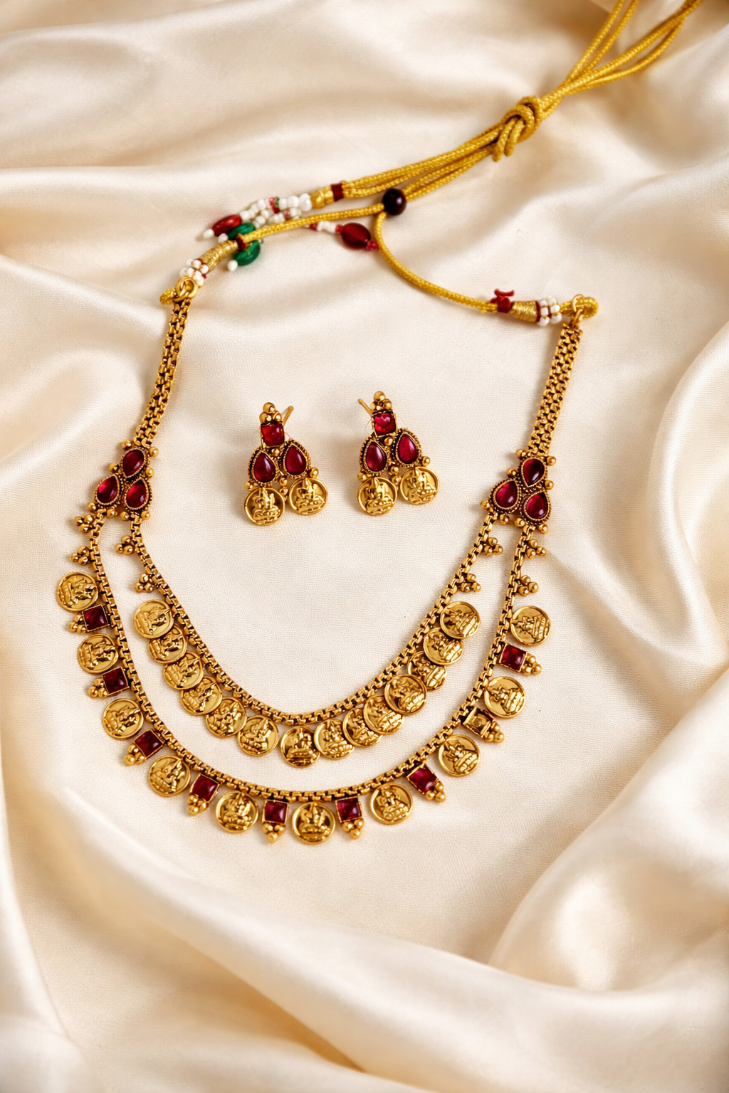 IR_01 Traditional 2 layer Kasu Mala hara necklace set inspired by classic temple jewellery design.