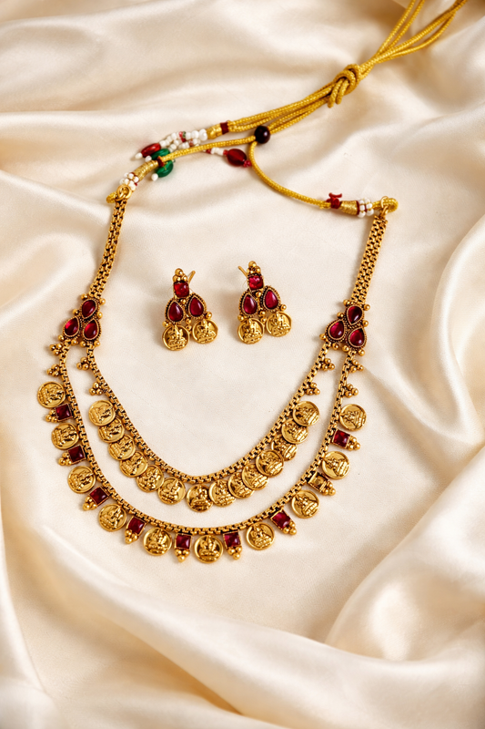 IR_01 Traditional 2 layer Kasu Mala hara necklace set inspired by classic temple jewellery design.
