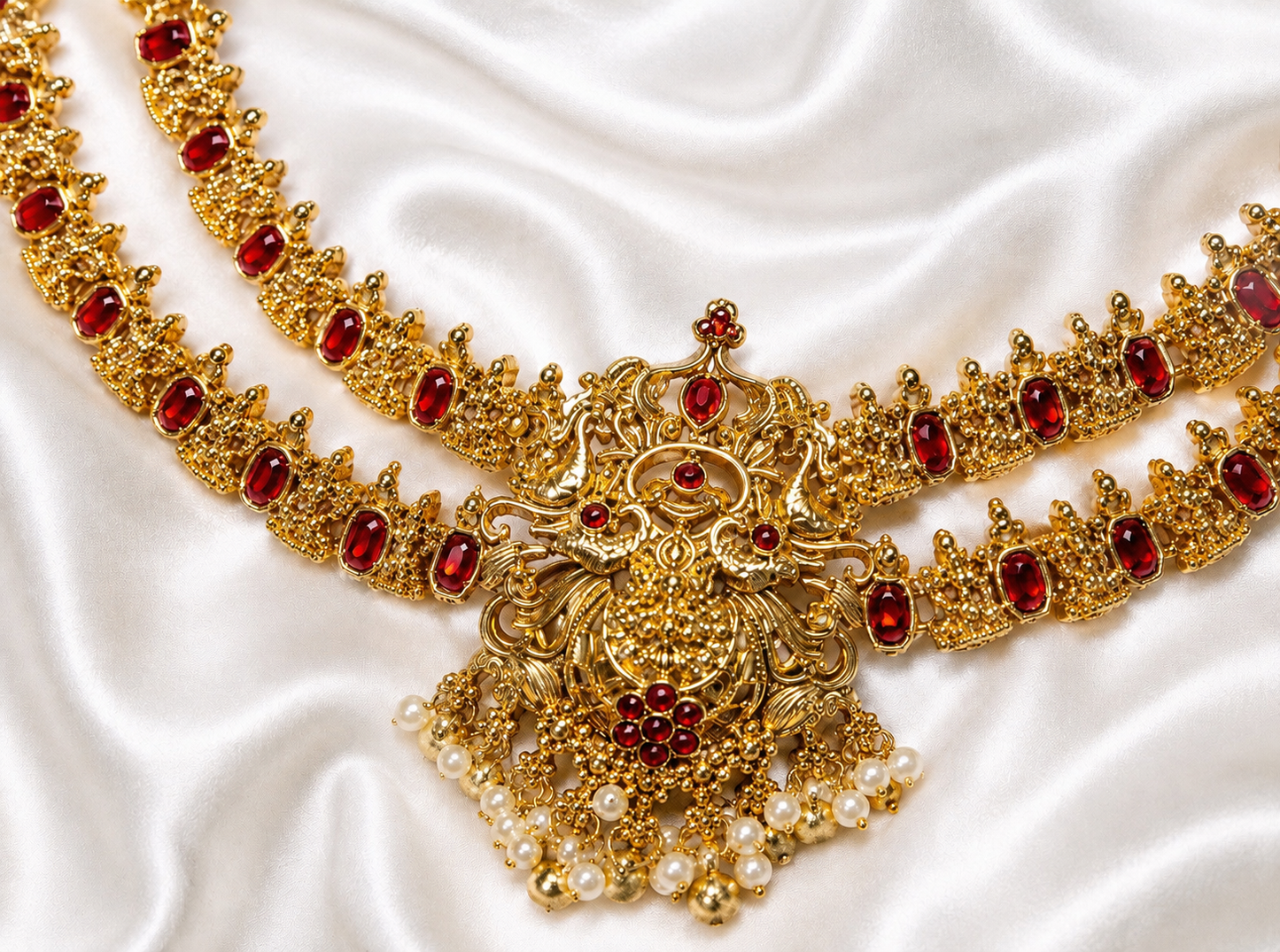 Traditional Gold Plated Ruby Stone Temple Necklace Set