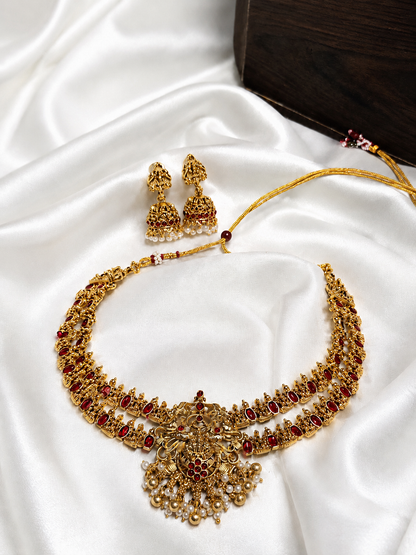 Traditional Gold Plated Ruby Stone Temple Necklace Set