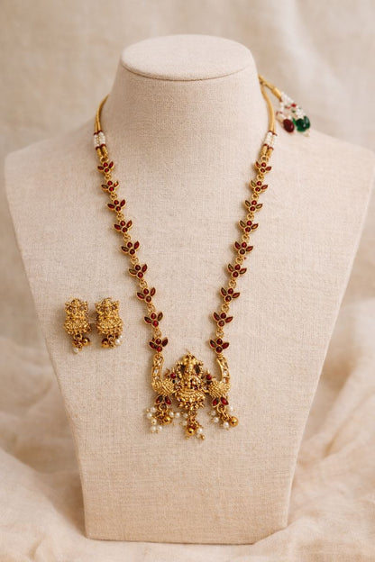 Temple Lakshmi Pendant Necklace Set with Ruby Stones & Jhumka Earrings