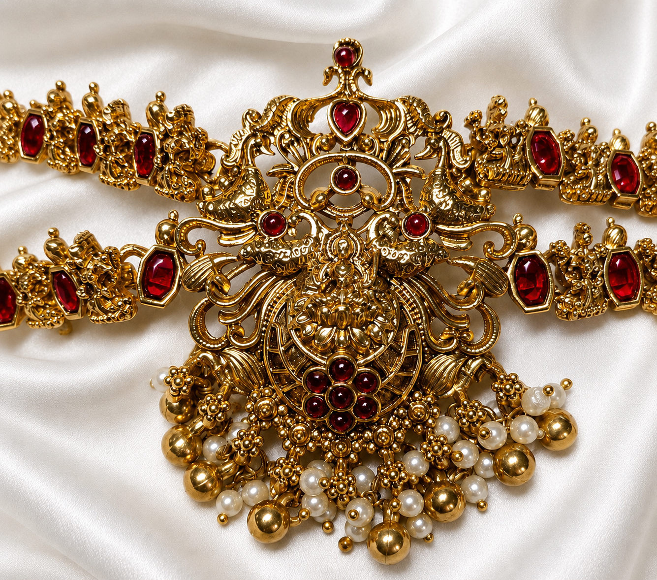 Traditional Gold Plated Ruby Stone Temple Necklace Set