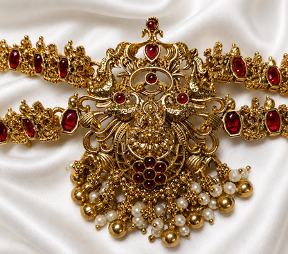Traditional Gold Plated Ruby Stone Temple Necklace Set