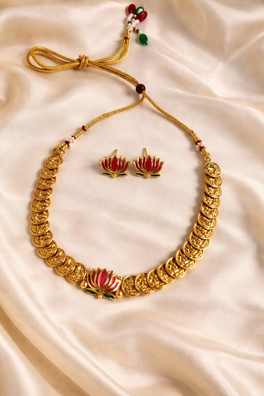 Temple Lakshmi Coin Necklace Set with Lotus Design