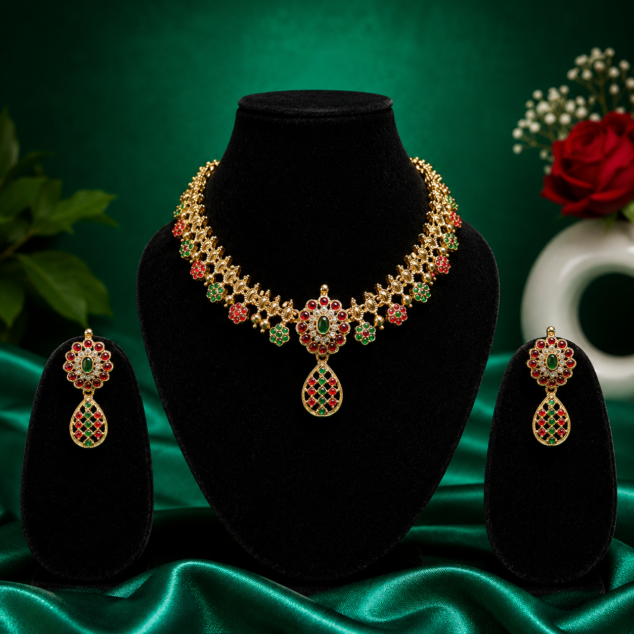 Traditional Gold-Plated AD Stone Studded Necklace Set
