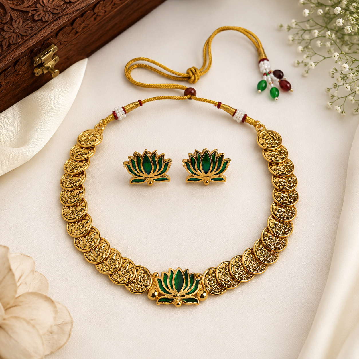 Temple Lakshmi Coin Necklace Set with Lotus Design