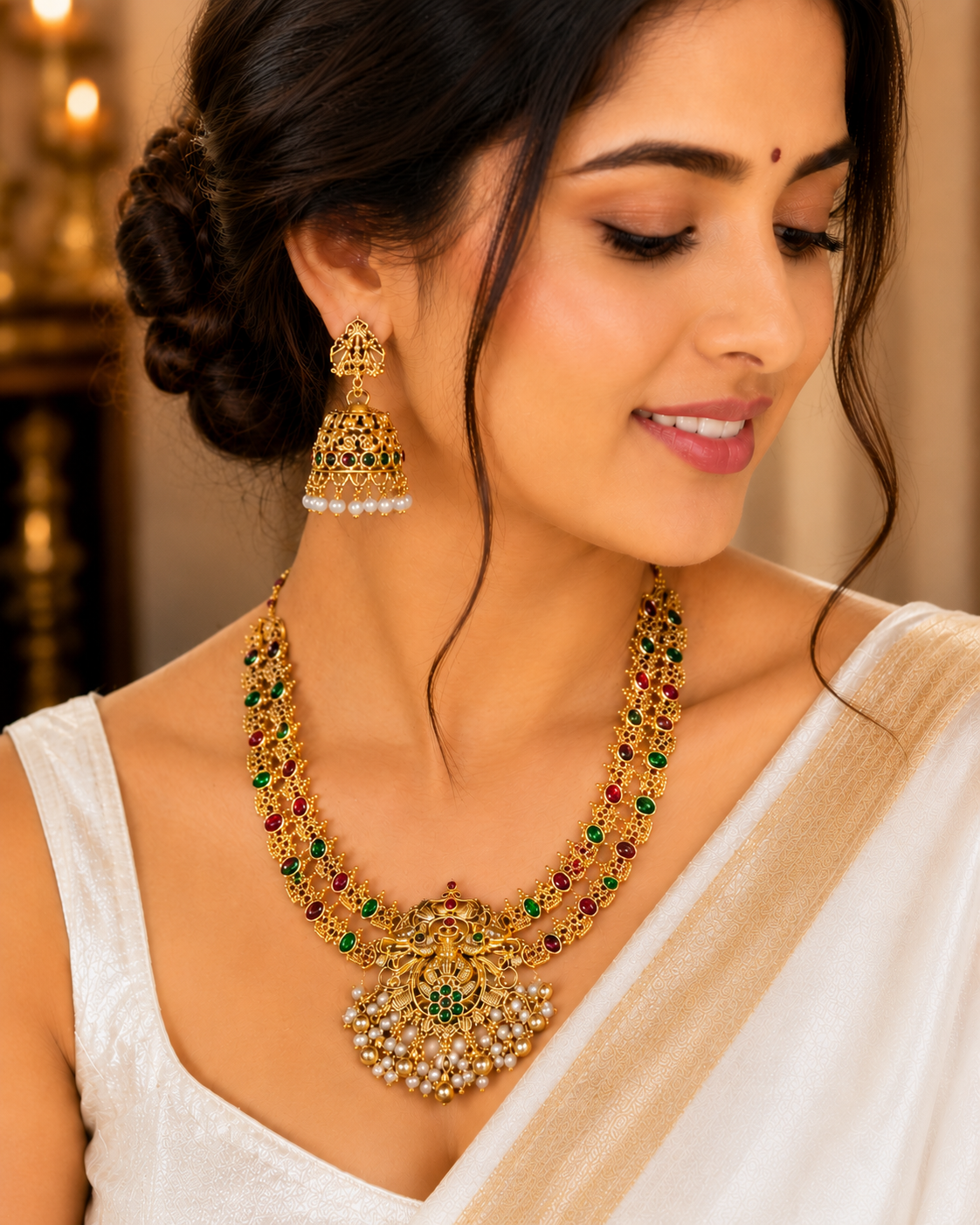 Traditional Gold Plated Ruby Stone Temple Necklace Set