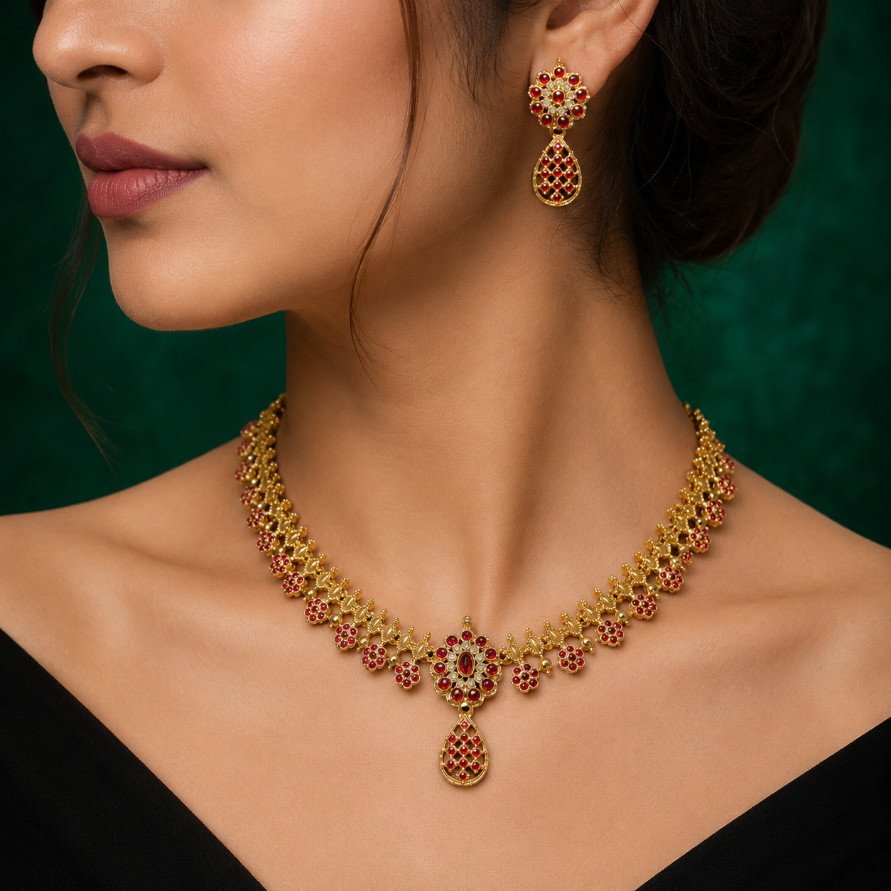 Traditional Gold-Plated AD Stone Studded Necklace Set