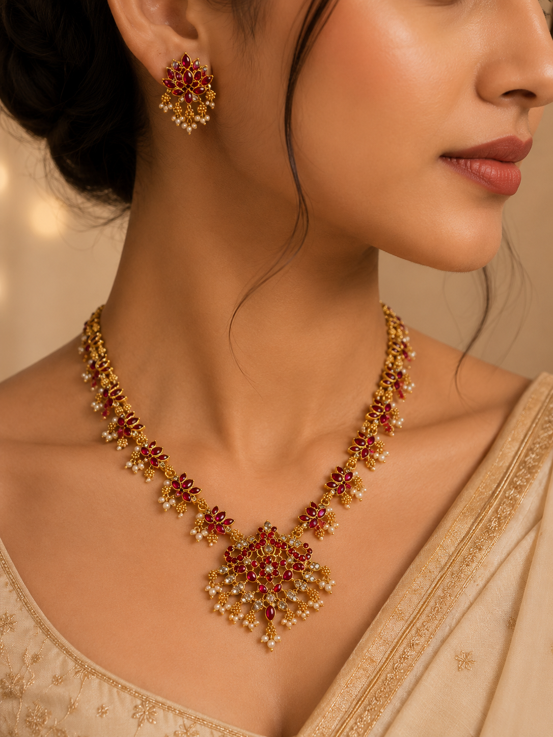Temple Jewellery Long lotus Necklace Set