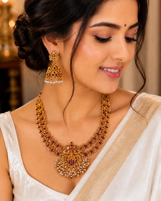 Traditional Gold Plated Ruby Stone Temple Necklace Set
