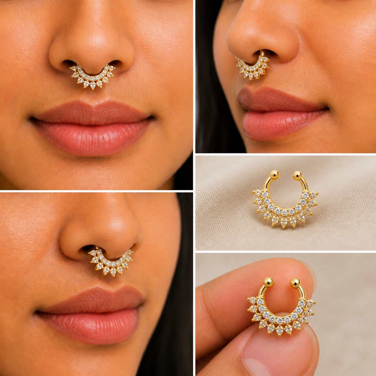 Temple Style Gold Plated Septum Ring with Stones | Traditional Nose Ring | Non-Piercing Nath | Ethnic Jewellery for Women