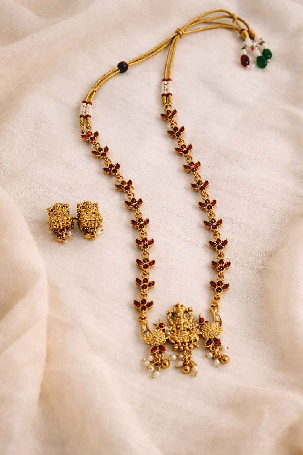 Temple Lakshmi Pendant Necklace Set with Ruby Stones & Jhumka Earrings