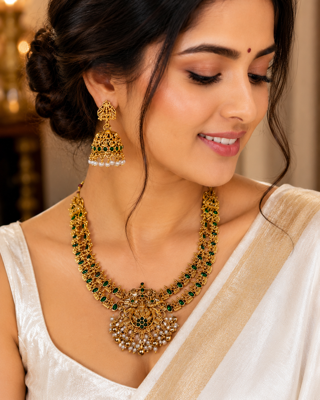 Traditional Gold Plated Ruby Stone Temple Necklace Set