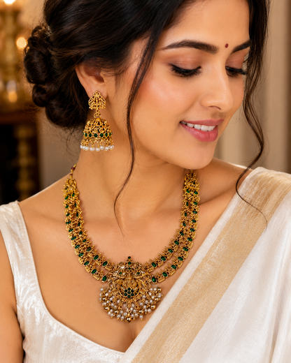 Traditional Gold Plated Ruby Stone Temple Necklace Set