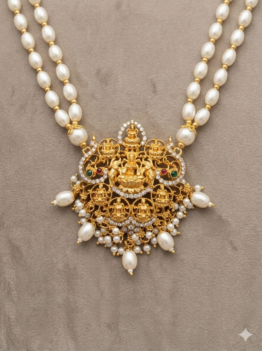 Traditional Gold Plated Lakshmi Pearl Necklace Set