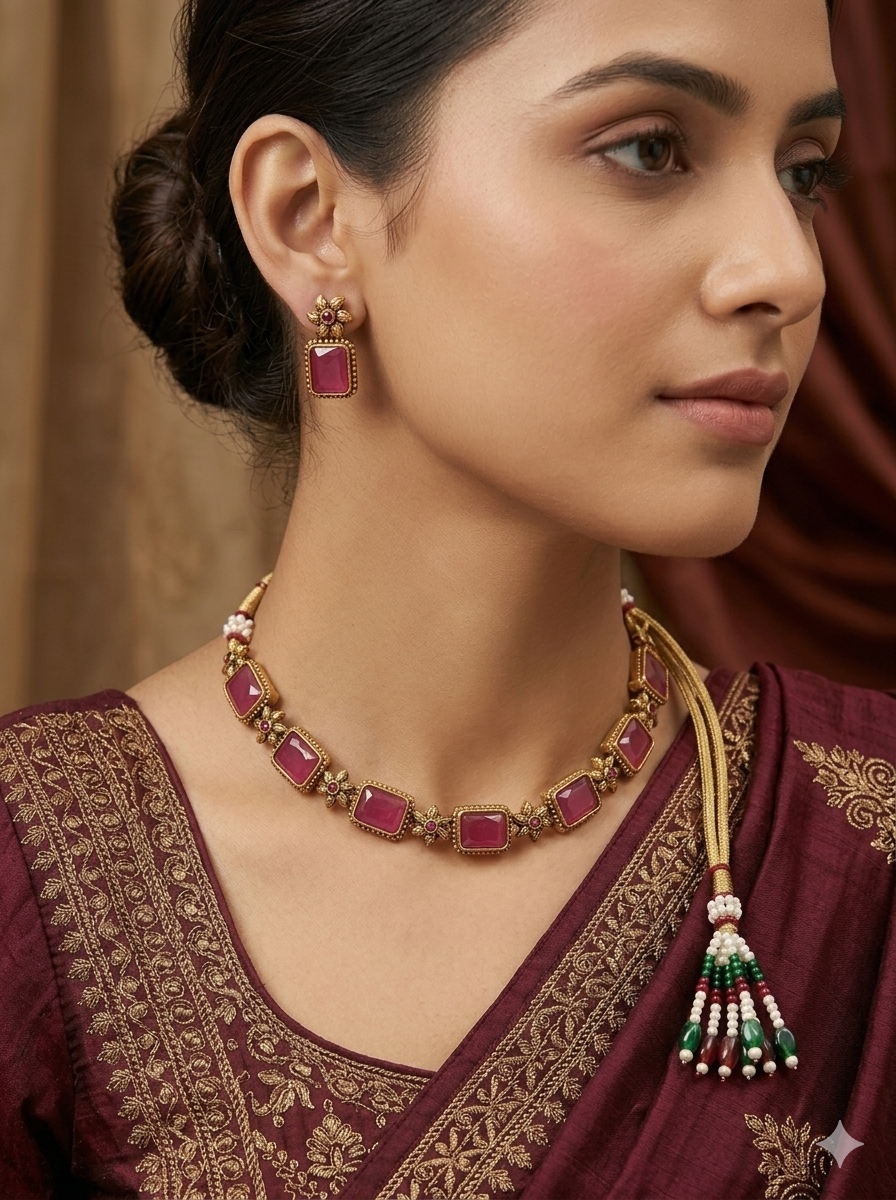 Premium Pink Stone Choker Necklace Set for Women & Girls