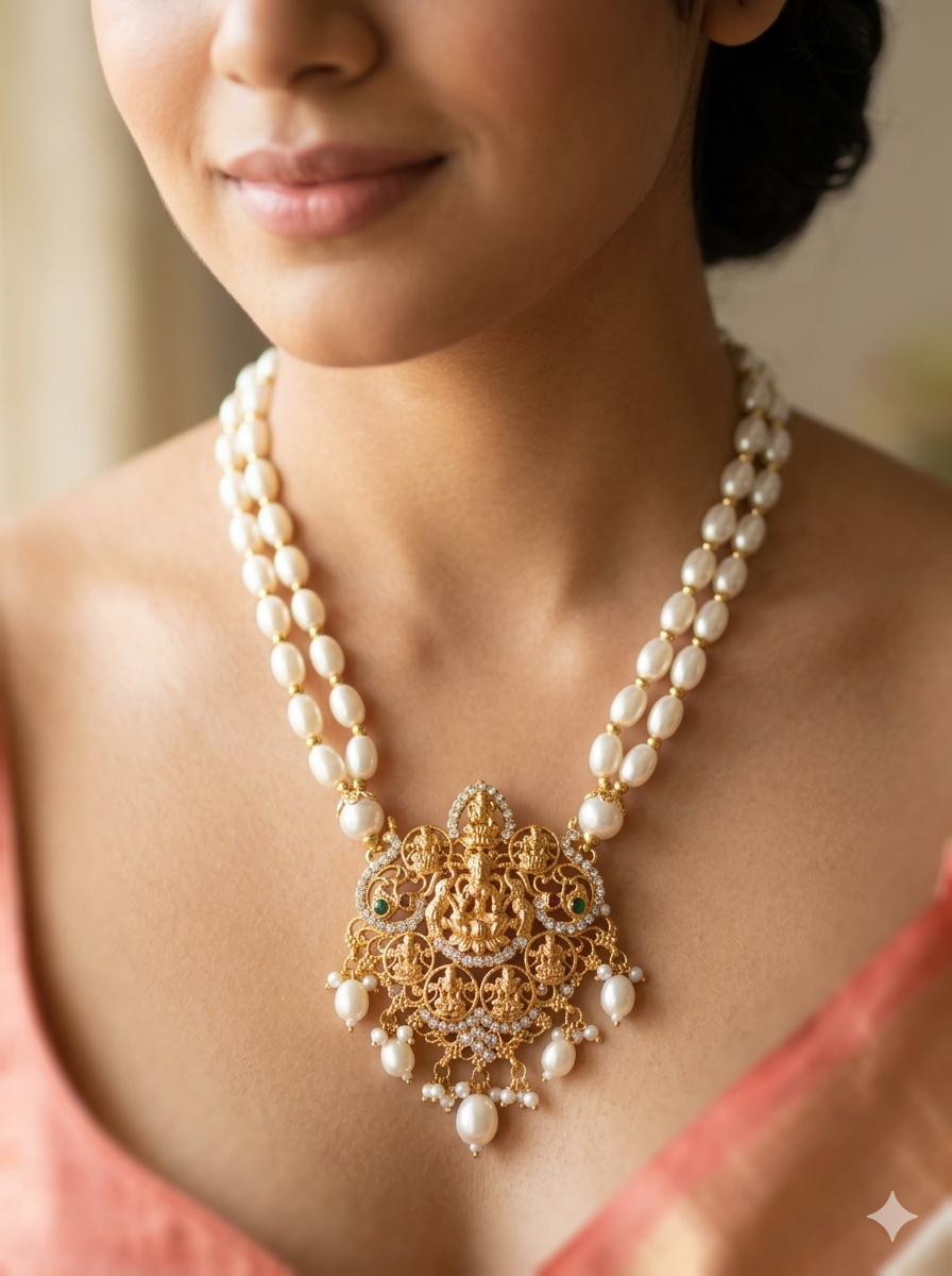 Traditional Gold Plated Lakshmi Pearl Necklace Set