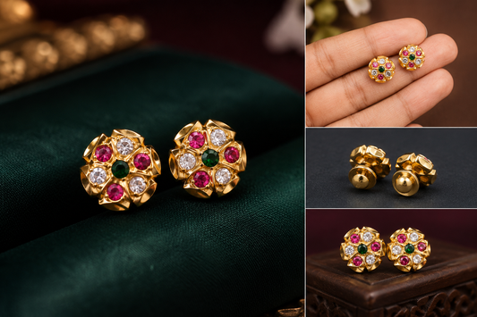 7 Stone Floral Panchaloha Stud Earrings